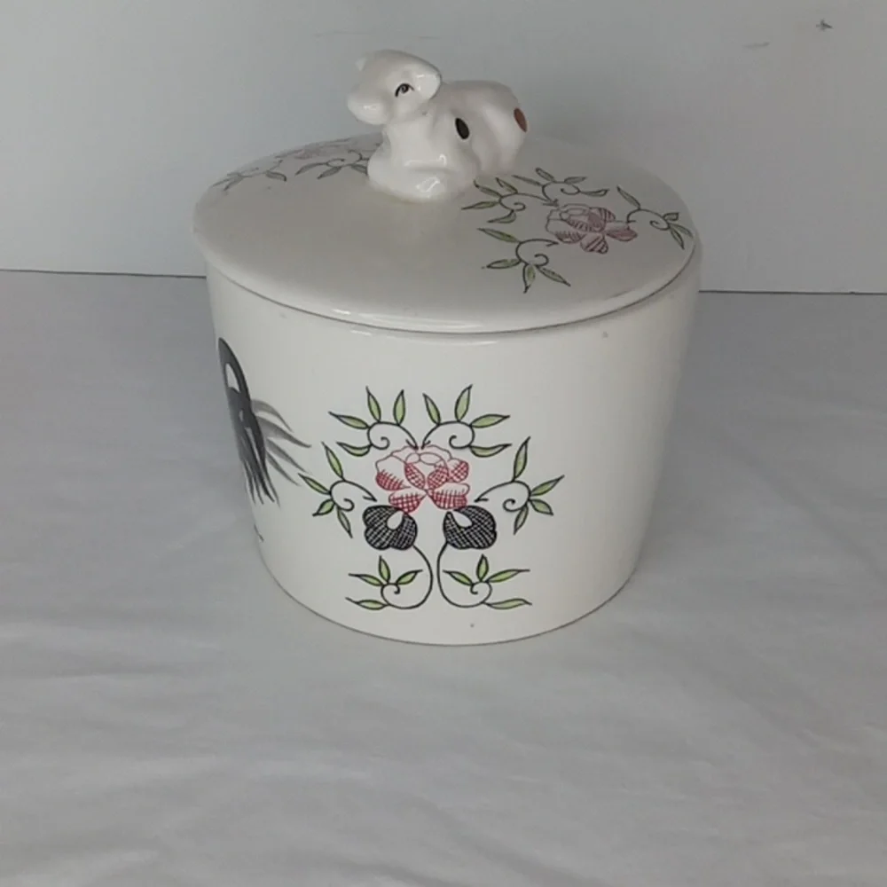 Vintage Ceramic Jar Rooster and Cow Butter Grease Lidded Crock Cottagecore Farm